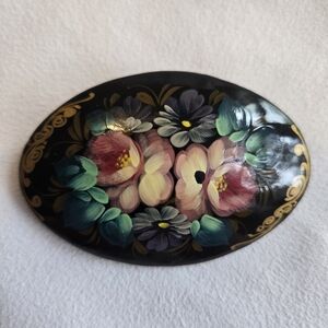 Floral Hand-Painted Oval Brooch Black Lacquer European